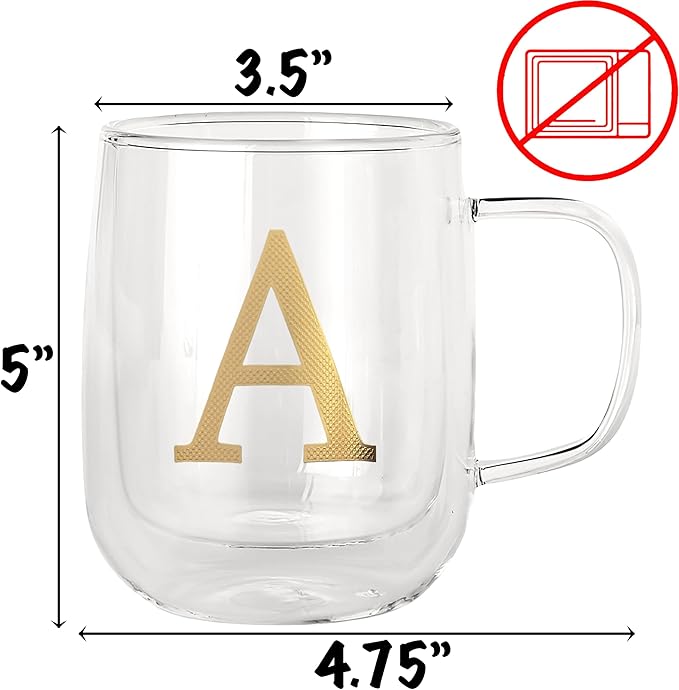COLLECTIVE HOME - Double Walled Glass Coffee Mugs, Insulated Coffee Mug with Handle, Personalized Gifts for Women, Men, Christmas, 14 oz Monogram Cups (A-1)