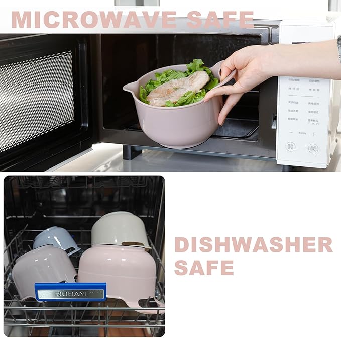 BoxedHome Nesting Plastic Mixing Bowl Set with Pour Spouts and Handles - Non Slip Bottom, BPA free Microwave & Dishwasher Safe(Khaki Pink, 4 Pack)