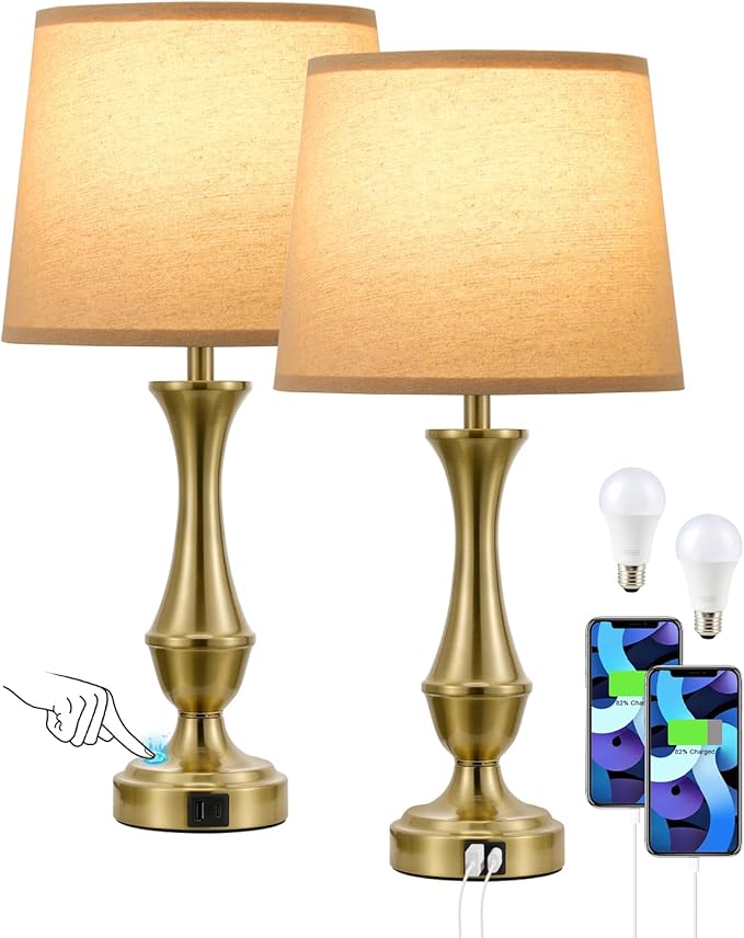 Upgraded Touch Lamps for Night Stands Set of 2 - Bedside Lamps with USB C+A, 3 Way Dimmable for Bedroom Living Room End Tables Office (Brown&Gold)