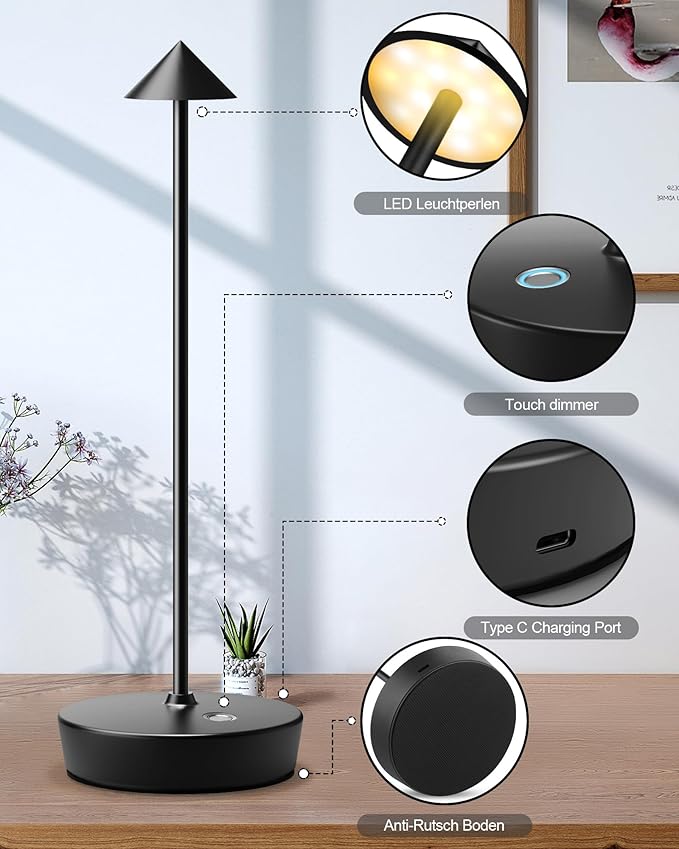 Cordless Table Lamps Rechargeable, 6000mAh Battery Operated LED Desk Lamp Outdoor Waterproof Portable Touch Dimmable Table Night Light for Patio Restaurant Dining Home Black