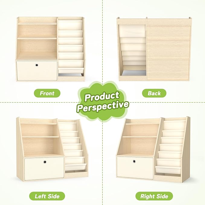 TOETOL Kids Bookshelf & Book Storage,6 Sling Wooden Toddler Book Shelf,3-Tier Wooden Open Bookcase & Storage Organizer Boxes for Nursery, Playroom, Bedroom