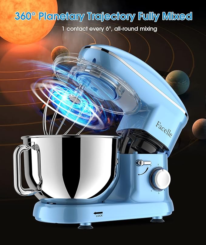 Facelle Stand Mixer, Electric Kitchen Mixer, 660W 6 Speed Tilt-Head stand mixer with Pulse, Attachments include 6.5QT Bowl, Dishwasher Safe Beater,Dough Hook,Whisk for Dough,Baking,Cakes,Cookie - Blue