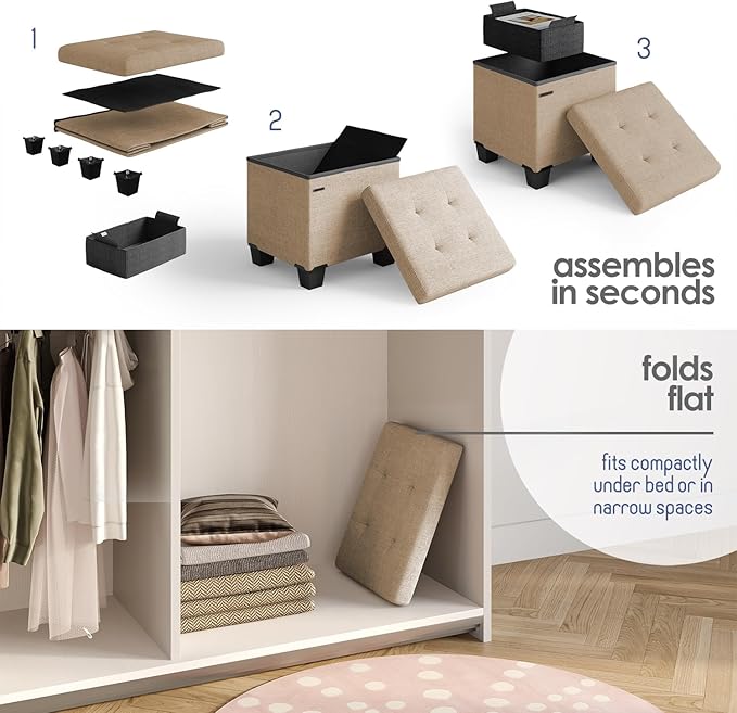 STORAGEBUD Storage Ottoman Cube with Small Bin, 16-in Square Ottoman with Storage for Living Room and Bedroom, Small Ottomans Foot Rest, Fabric Foot Stools Ottomans Max 330lbs, Taupe