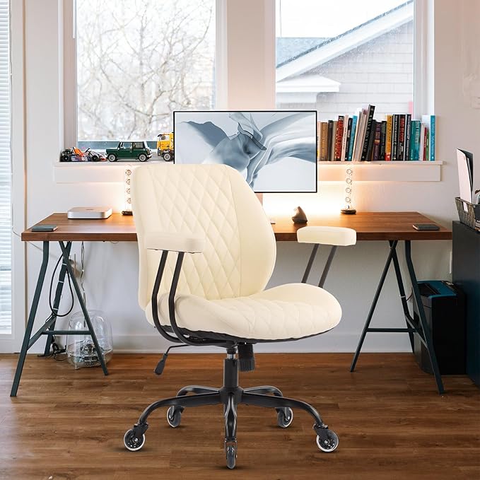 YFO Home Office Desk Chair Office Rubber Casters Ergonomic Computer Chair with Lumbar Support Adjustable Height Rolling Swivel Executive Task Armrests Chair๏ผ Cream Leather