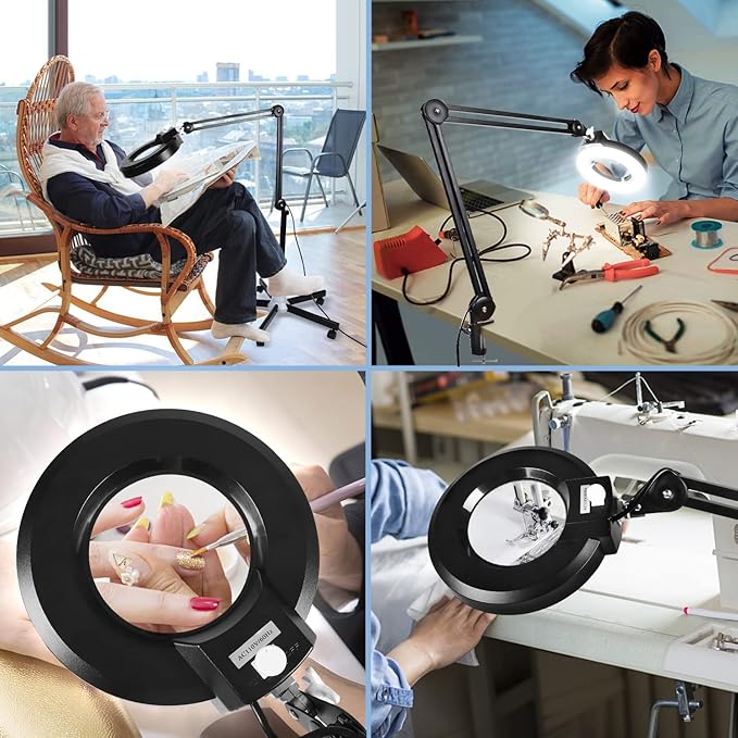 LANCOSC 8X Magnifying Glass with Light and Stand, Floor Lamp with 5-Wheel Rolling Base for Facials Lash Estheticians, 1,500 Lumens Dimmable LED Lighted Magnifier for Reading Sewing Crafts - Black