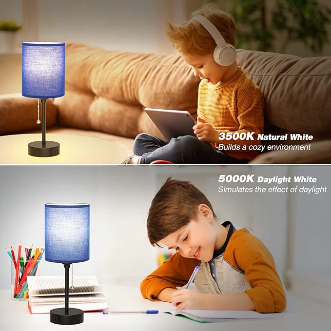 Blue Table Lamps 3 Color Temperatures - 2700K 3500K 5000K Bedside Lamps with USB C and A Ports, Pull Chain Lamps for Bedrooms with AC Outlet, Nightstand Lamps with Black Metal Base for Kids Boys