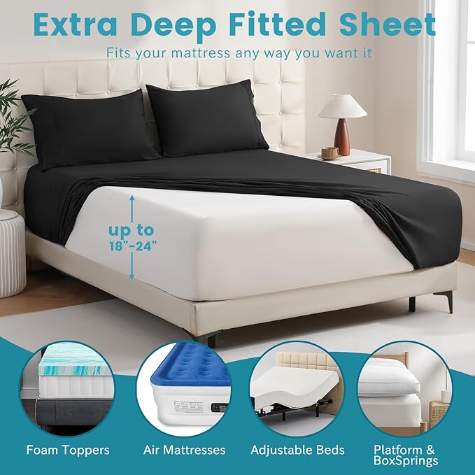 Bedlifes King Sheet Set, Extra Deep Pocket 18-24 Inches,1000Thread Count 100% Egyptian Cotton, Soft and Breathable Sateen 4-Piece Black