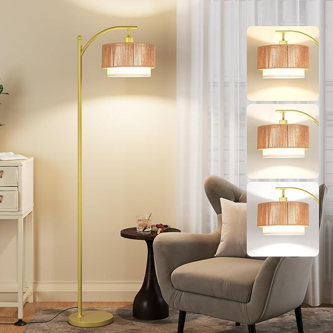 SUNMORY Floor Lamps for Living Room with 12W LED Bulb, Arc Floor Lamp with 3 Color Temperatures, Farmhouse Floor Lamps with Adjustable Rattan & Fabric Shades, Boho Standing Lamp for Bedroom, Corner