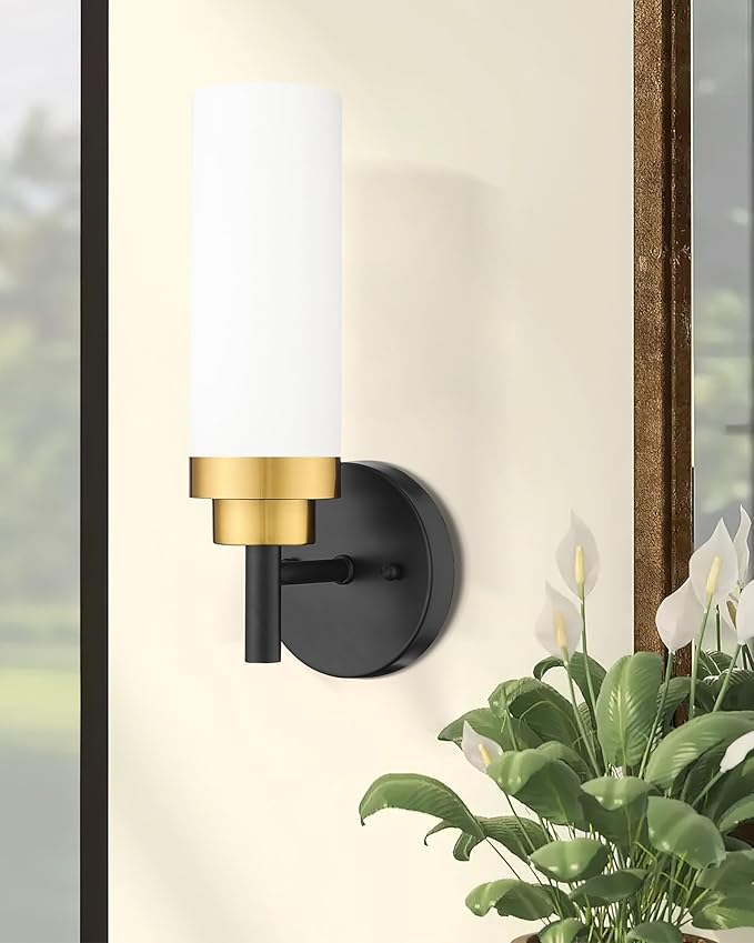 Emak Modern Wall Sconce, Black Gold Bathroom Light Fixtures with Milk Glass Shade, 2 Pack Wall Lamp for Bathroom, Bedroom, Living Room, Hallway, WS085-BKBGD-ML-2PK