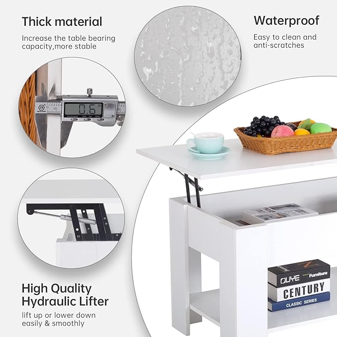 FDW 39.4" Lift Top Coffee Table with Hidden Compartment and Storage Shelf Wooden Lift Tabletop for Home Living Room Reception Room Office,White