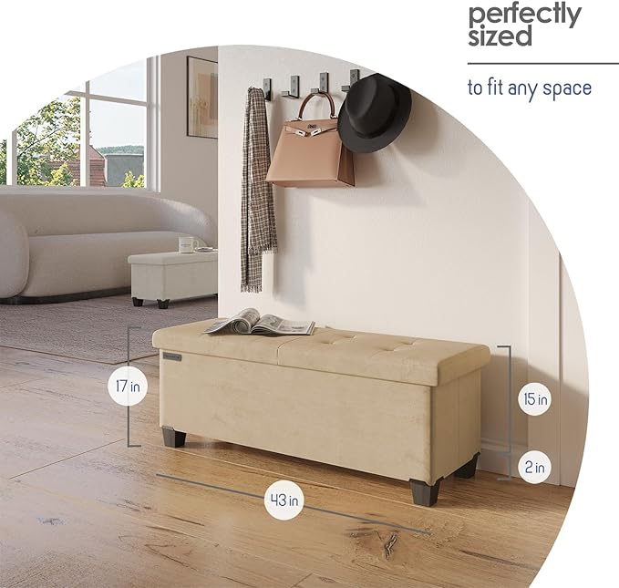 STORAGEBUD Storage Ottoman Bench with Bins, 43-in Storage Bench for Bedroom End of Bed, Folding Foot Rest Ottoman for Living Room Max 660lbs, Velvet Ottomans, Beige