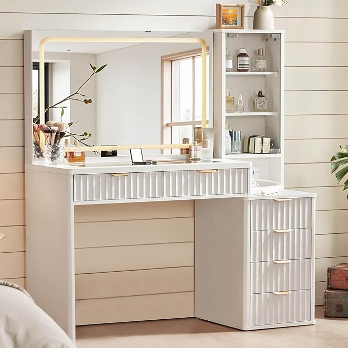 LEYAOYAO White Vanity Desk with Mirror and Lights, 43.5'' Fluted Makeup Vanity with 6 Drawers and Adjustable Shelves, Glass Top Make Up Vanity, Girls Wood Dressing Table with Power Outlet for Bedroom