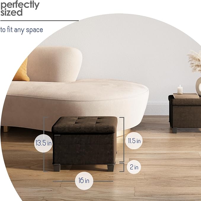 STORAGEBUD Storage Ottoman Cube with Small Bin, 16-in Square Ottoman with Storage for Living Room and Bedroom, Small Ottomans Foot Rest, Velvet Foot Stools Ottomans Max 330lbs, Brown