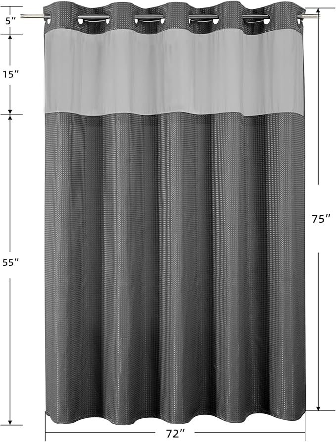 Colorful Star No Hook Waffle Shower Curtain with Snap in Fabric, Waterproof Shower Curtains with Mesh Top Window, Hotel Luxury Heavy Duty Bathroom Curtain and Liner Set, 72'' x 75'', Charcoal Grey