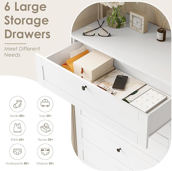 HOSTACK White 6 Drawer Dresser for Bedroom, 52" Tall Dresser & Chest of Drawers, 29" W Wood Drawer Chest, Modern Vertical Storage Cabinet for Living Room, Entryway, Hallway