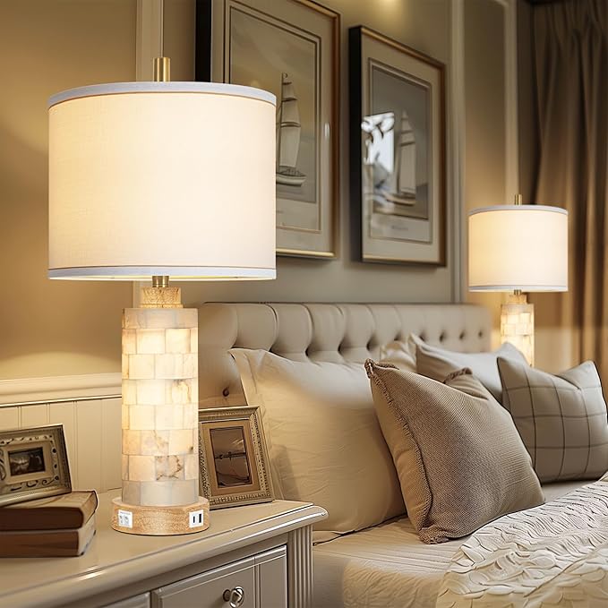 27" Natural Alabaster And Wood Table Lamp Set of 2 With Night Light Nightstand Lamps With USB Ports White Linen Fabric Shade Bedside Lamp Decor For Living Room Bedroom Home Office Hotel Bar House