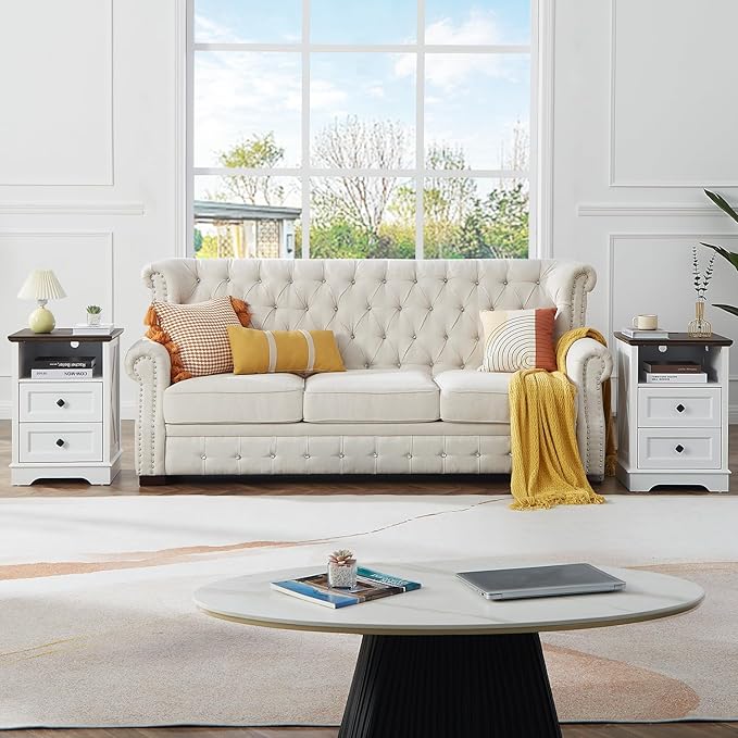 Farmhouse 2 Drawers Dresser for Bedroom, Rustic Small Chest of Drawers with Charging Station, Wood End Table with Open Shelf, White Modern Nightstand for Bedroom, Living Room, Entryway