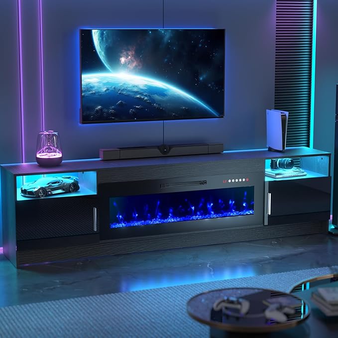 80'' TV Stand with 42''Fireplace-Black Entertainment Center for 90 inch TV- TV Cabinet with LED Light, Storage, High Glossy Door, Modern TV Console for Living Room