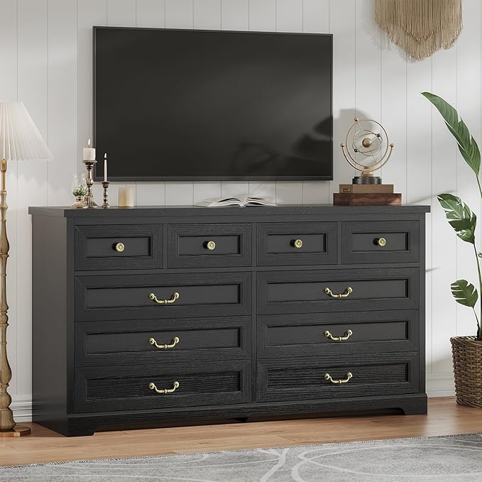 DICTAC 10 Drawers Dresser for Bedroom,55" Wide Farmhouse Dresser with Natural Texture and Vintage Metal Handles, Rustic Wood Chest of Drawers for Bedroom, Living Room, Hallway,Black