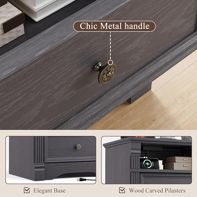 Grey Nightstand Set of 2 with Charging Station, Farmhouse End Table with 2 Drawers and Open Shelf, Wooden Bedside Table with Metal Handles, Vintage Design, Organizer for Bedroom, Hallway