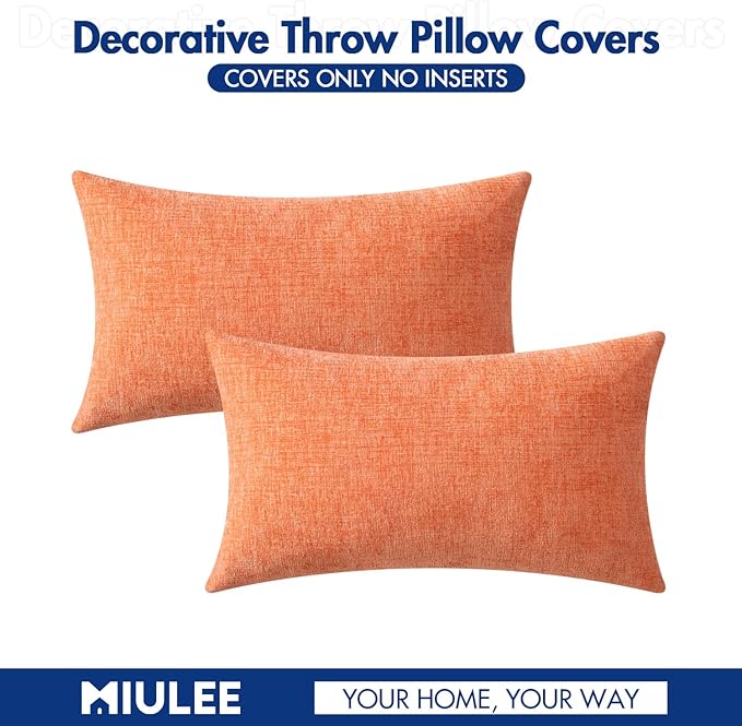 MIULEE Pack of 2 Couch Throw Pillow Covers 12x20 Inch Soft Coral Red Chenille Pillow Covers for Sofa Living Room Solid Dyed Pillow Cases