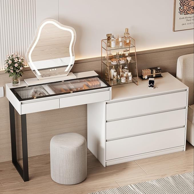 Corner Makeup Vanity Desk with Mirror and Lights, 58" Modern L-Shaped Vanity Table with Glass Top, Large Dressing Table with 2 Drawers & 3 Tier Dresser for Bedroom, White