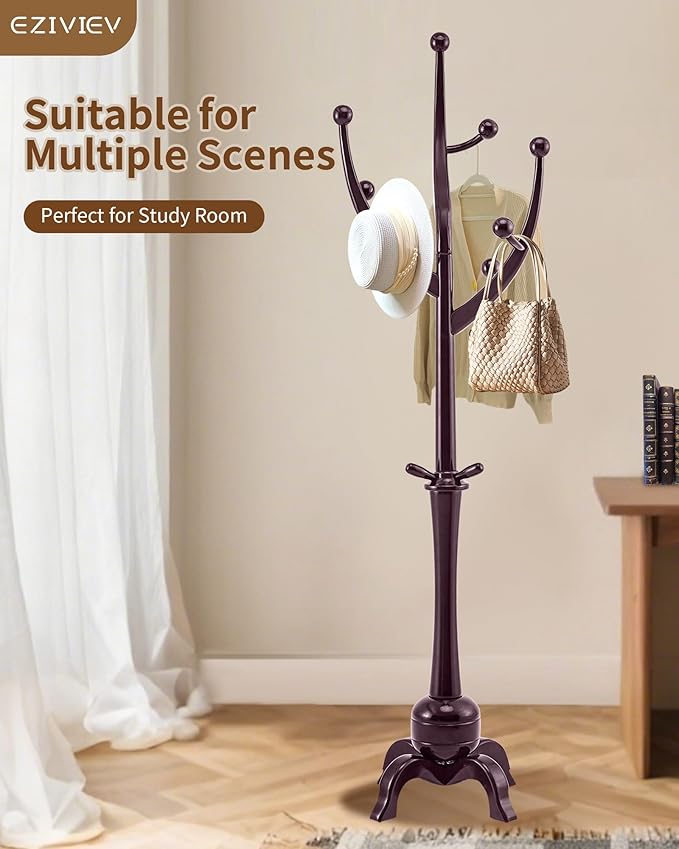 EZIVIEZ Wooden Coat Rack Stand, Solid Wood Freestanding Coat Rack with 11 Hooks, Creative Design Tree Branch-look Coat Racks, Heavy Duty Standing Coat Hanger Jacket Tree Stand for Office, Entryway