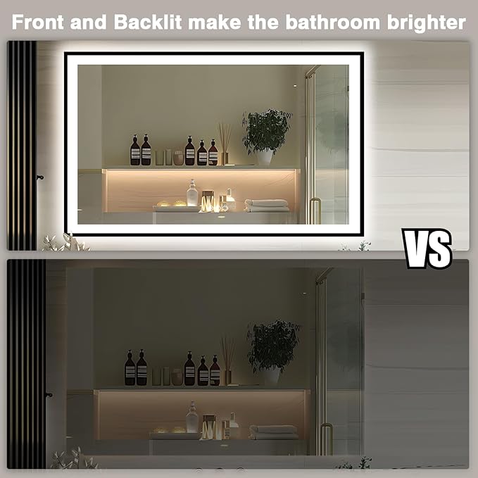 66x36 LED Lit Bathroom Mirror - Black Framed, Front and Backlit LED Mirror, Anti-Fog Bathroom Mirror with Lights, 3 Colors Stepless Dimmable Mirror, Touch Sense (Horizontal/Vertical)