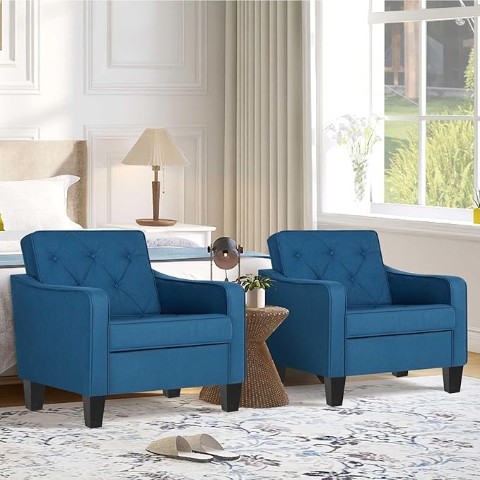 STHOUYN Living Room Chairs Accent Chairs Set of 2, Waiting Room Arm Chairs, Reading Chairs for Bedroom Comfy Club Chair Tufted, Office Small Space (2, Blue)