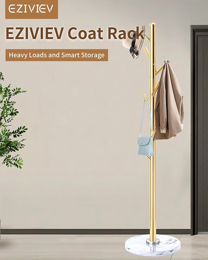EZIVIEZ Modern Coat Rack Stand, Metal Freestanding Coat Rack with Natural Marble Base, Golden Coat Racks with 8 Hooks and Coat Hanger Tree Jacket Stand for Office, Entryway, Hallway