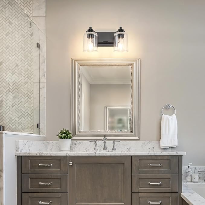 SOLFART Matt Black 2 Lights Wall Sconces Bathroom Light Fixtures Wall Light Fixtures Lighting Fixtures Over Mirror 13.8 Inch Wall Mount