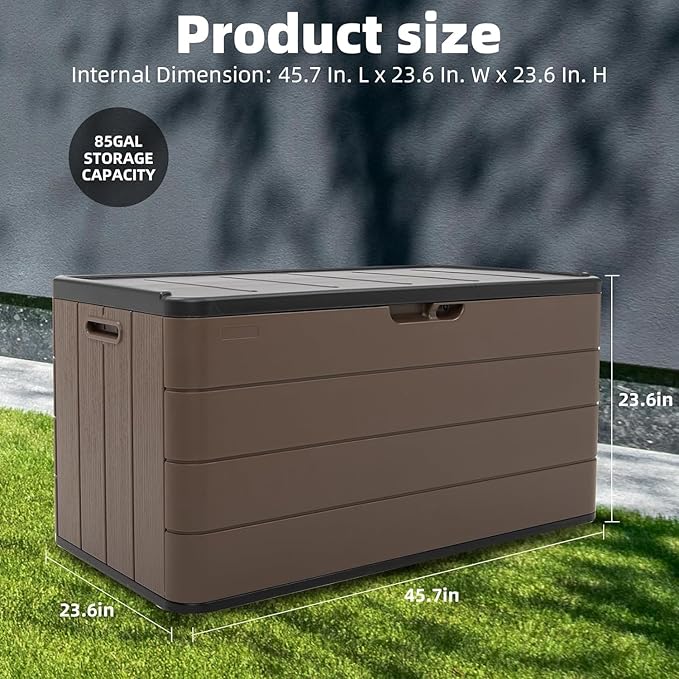 100 Gallon Large Resin Deck Box - Lockable Waterproof Outdoor Storage Bench for Patio Cushions, Garden Tools & Pool Accessories - Wood-Look Texture, Weather-Resistant for Backyard & Porch