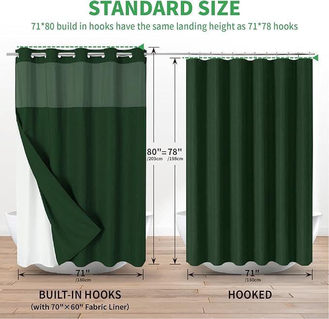 Long No Hooks Needed Linen Textured Shower Curtain with Snap-in Fabric Liner Set,Hotel Luxury Decor Shower Curtains for Bathroom,Waterproof & Washable,71Wx80H,Emerald Green