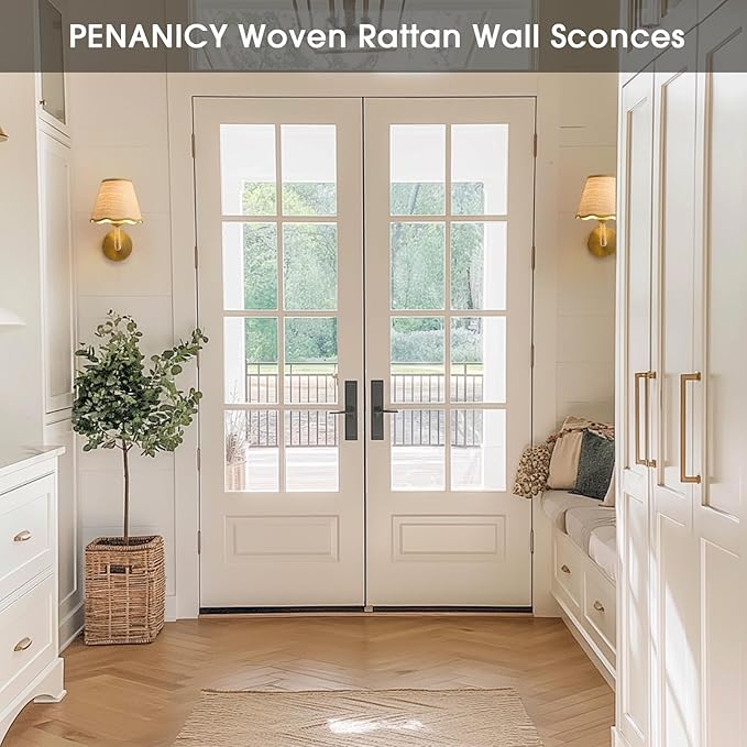 Boho Hand Woven Ratten Wall Sconce, Single Wall Lamp with Grass-Woven Lampshade for Bedroom Living Room Hallway Porch, E26 Base