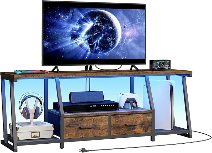 LED TV Stand with Fabric Drawers for 65 Inch TV, Entertainment Center with Power Outlets and Open Storage Shelves, Industrial Media TV Console Table for Living Room, Bedroom, Rustic Brown
