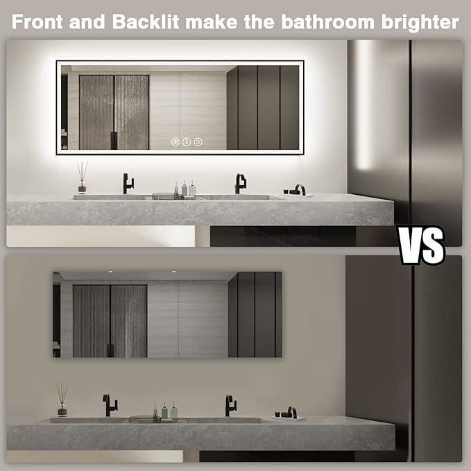 96x36 Large LED Bathroom Mirror with Lights - Black Aluminum(Front and Backlit),Anti-Fog Lighted Mirror for Wall,Stepless Dimmable Lighted Mirror,3 Colors Smart Mirror(Horizontal/Vertical)