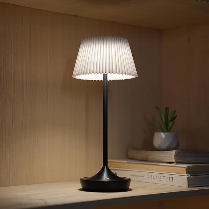 Cordless Table Lamp, Rechargeable Battery Operated LED Desk Lamp, 3-Color Stepless Dimming, Portable & Waterproof, for Restaurants, Bedrooms, Bars, Outdoor Parties, Camping (2X Black+Shade)