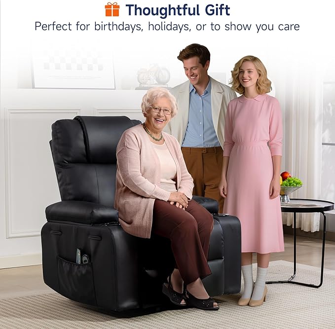 Power Lift Recliner Chair for Elderly with Massage & Heat, 160° Adjustable PU Leather Electric Recliner with Remote, Cup Holders, Side Pockets, and Stand Assist for Living Room, Bedroom (Black)