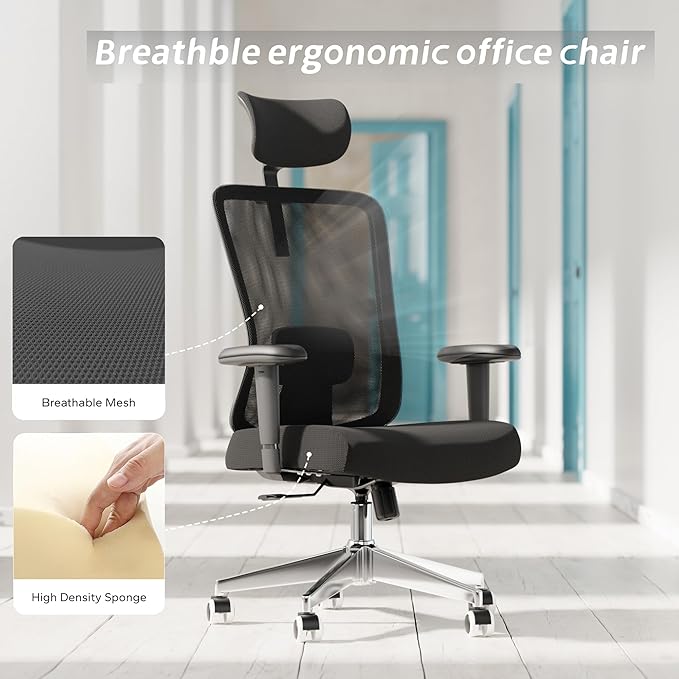 Ergonomic Office Chair with Adjustable Lumbar Support & Flip-Up Armrests - High Back Computer Desk Chair with Thickened Seat Cushion, Rolling Wheels for Home/Office Study Work (05black)
