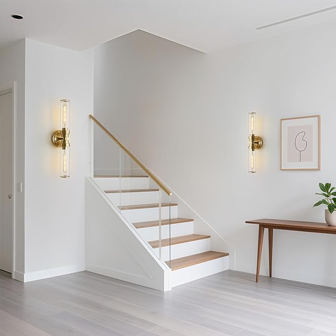 Bathroom Light Fixtures, Gold Wall Sconce in Clear Glass Vanity Lights, Modern Bathroom Vanity Light Up and Down Sconces Wall Lighting for Living Room, Hallway, Bedroom - Bulb Not Included