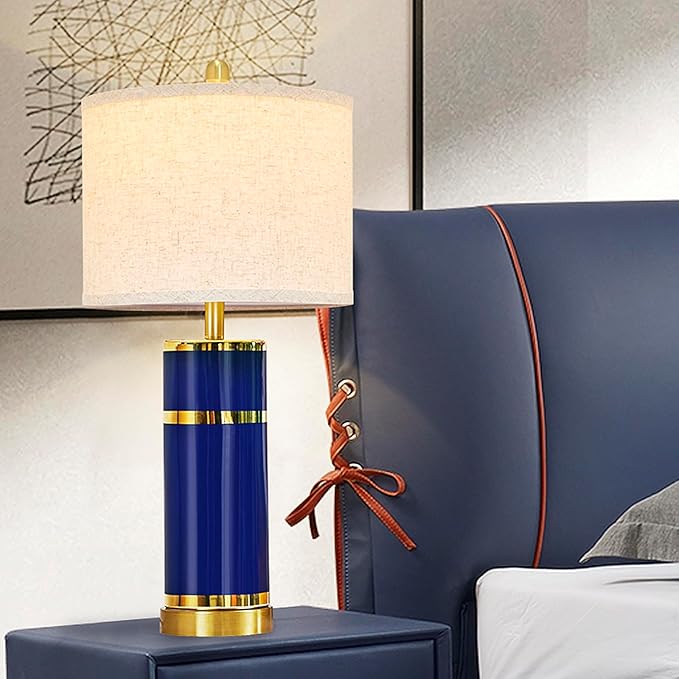 Royal Blue & Gold Ceramic Table Lamps (Set of 2) - 28" Luxe Bedside Lights with USB Charging & Rotary Switch, Bulbs Included