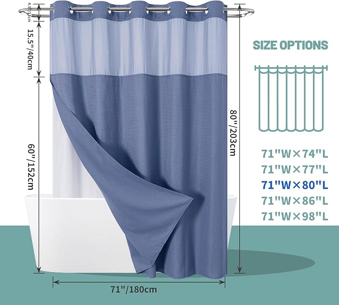 MoonLightBlue Long No Hook Waffle Weave Shower Curtain with snap-in Liner Replacement, 230GSM Waterproof Fabric Hotel Shower Curtain Set for Bathroom, Through Mesh Top Window,71Wx80H