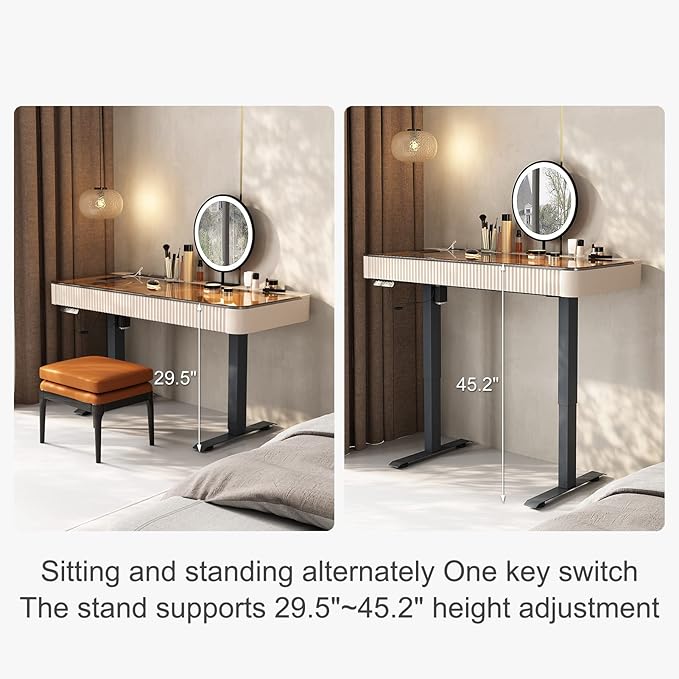 Lartis Vanity Table with Stool,Electric Lift Vanity Desk,Vanity Set,Up and Down Desk, Standing Vanity with Drawer