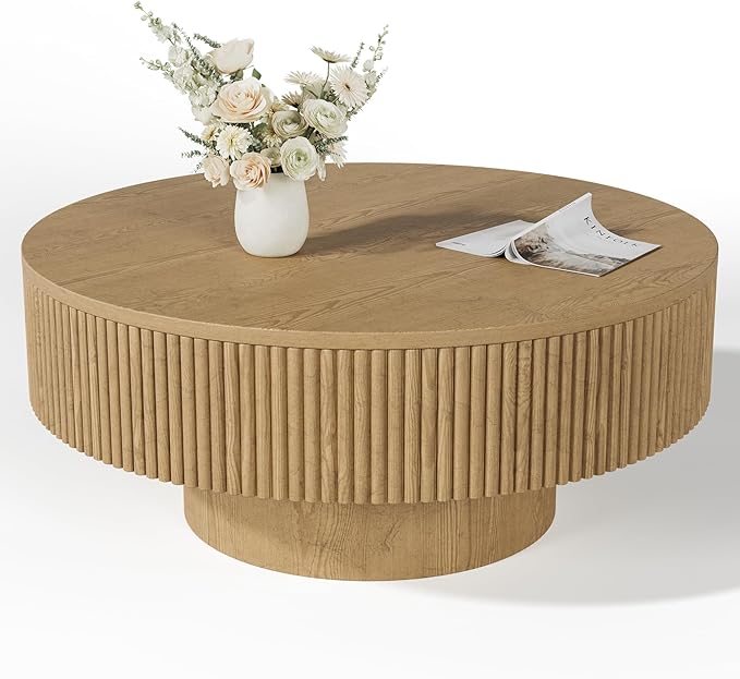 35” Round Fluted Coffee Table, Modern Wood Circle Coffee Table, Veneer Handcrafted Relief Tea Table with Sturdy Pedestal for Living Room, Easy Assembly - Natural