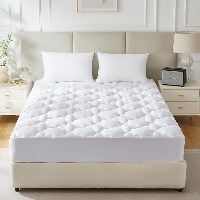CozyLux Queen Mattress Pad Cotton Cooling Mattress Cover Quilted Fitted Mattress Protector Non Slip Breathable Soft Mattress Topper Up to 21" Deep Pocket Thick Pillowtop 450GSM (60x80) inches White