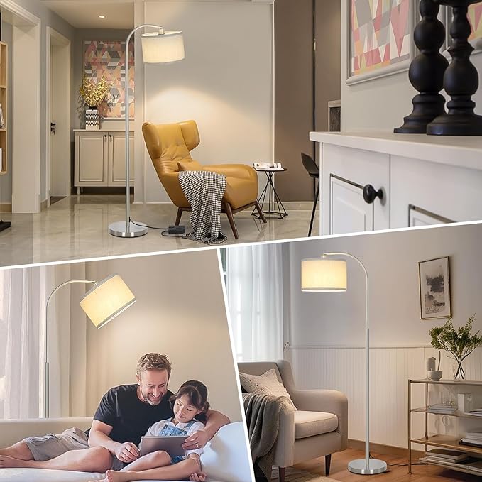 Boncoo Arc Floor Lamp, Dimmable Floor Lamp for Living Room, Standing Lamp with Adjustable Drum Shade, Tall Pole Lamp for Bedroom Study Room Office, 9W 3000K LED Bulb Included