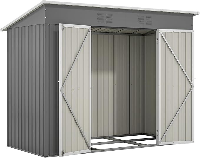8x4 FT Outdoor Storage Metal Shed with Air Vents Sloping Roof Double Lockable Doors Waterproof Tool Galvanized Ideal for Backyard Patio Lawn Gray Shed Storage