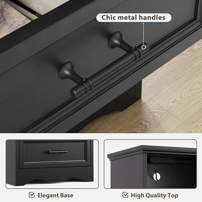 19.7" Night Stand with Charging Station, Farmhouse End Table with 2 Drawers Storage, Black Wooden Nightstand, Bed Side Table with Open Shelf, Bedside Cabinet for Bedroom, Living Room