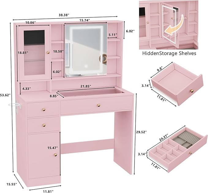 Makeup Vanity Desk with Mirror and Lights, Pink Vanity with Glass Top, Jewelry Storage, Power Outlets, 3 Drawers & 2 Cabinets, Adjustable LED Lighting, Dressing Table for Women & Girls Bedroom