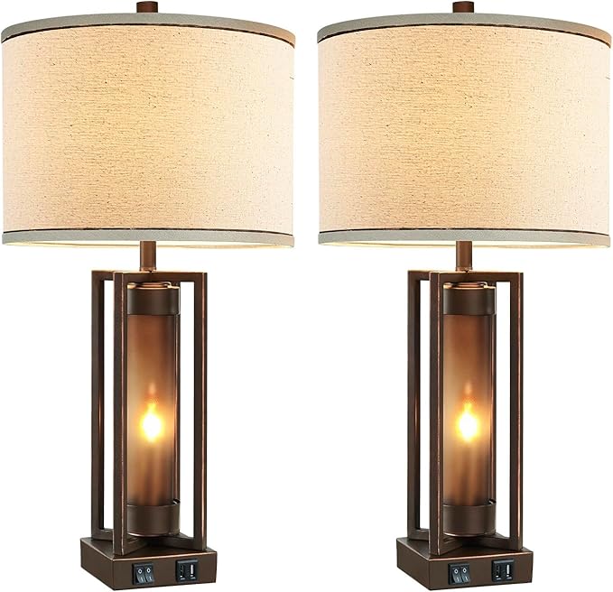 Rustic Table Lamps for Living Room Set of 2 with USB C+A Ports, Farmhouse Vintage Nightstand Lamp with Amber Night Light, Retro Desk Lamp for Bedroom, 4 Bulbs Included (Brown)